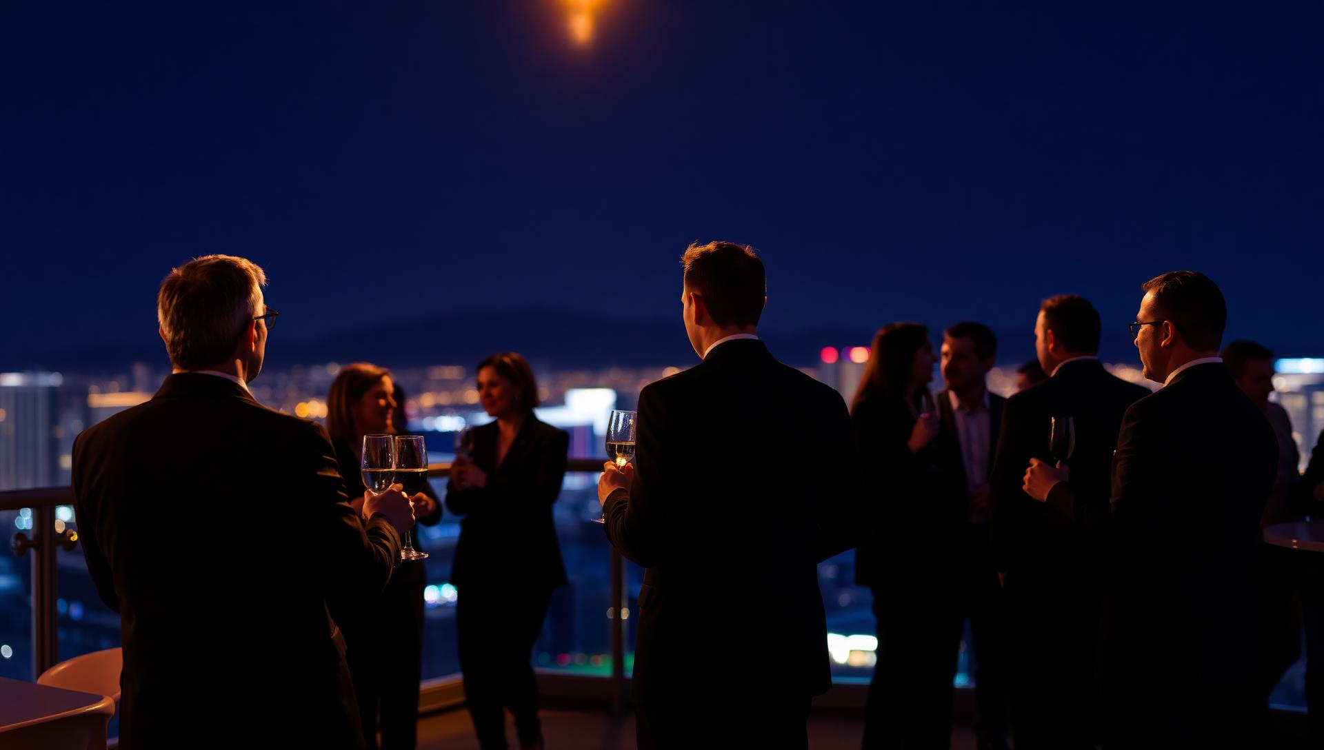Corporate networking reception on a Las Vegas rooftop terrace at night