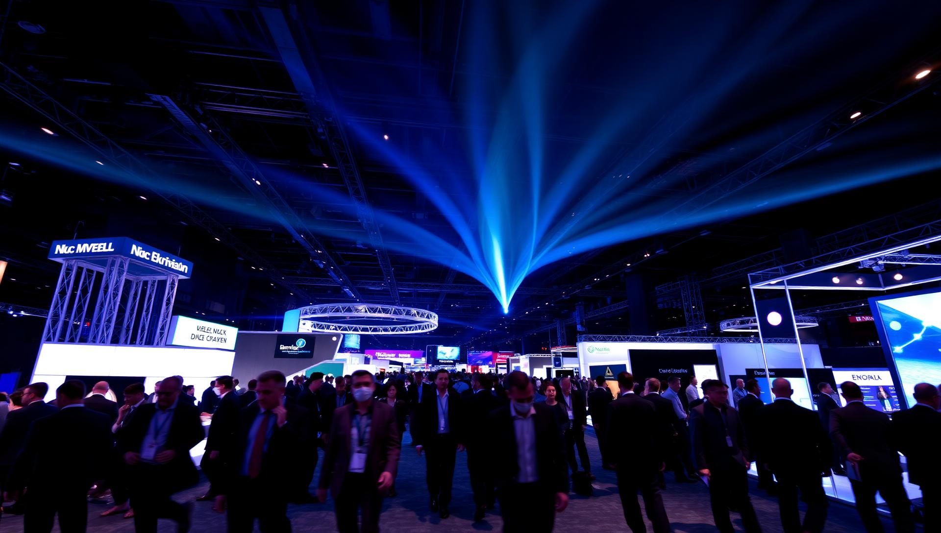 Trade show exhibition floor under electric blue lighting