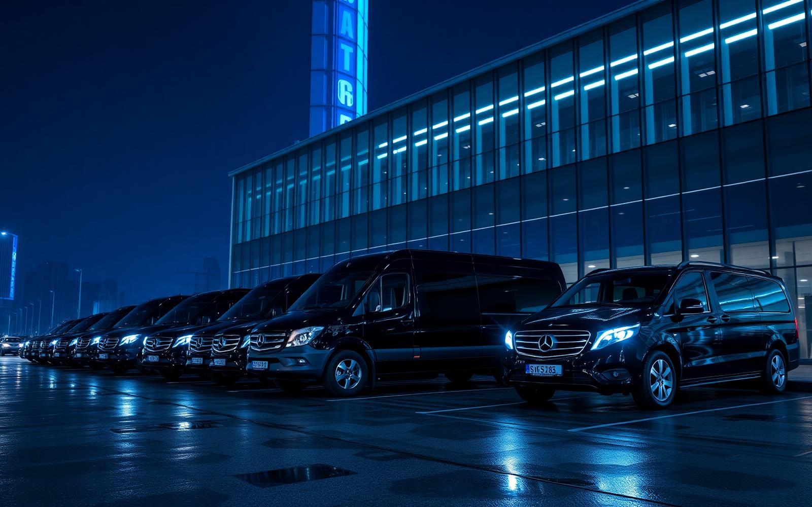 Executive black car and sprinter fleet staged outside a Las Vegas convention center at night